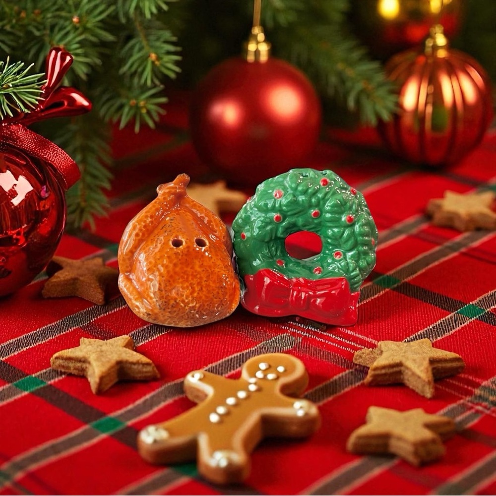 Ceramic Christmas Holiday Wreath Turkey Salt + Pepper Set Cute Collectible New